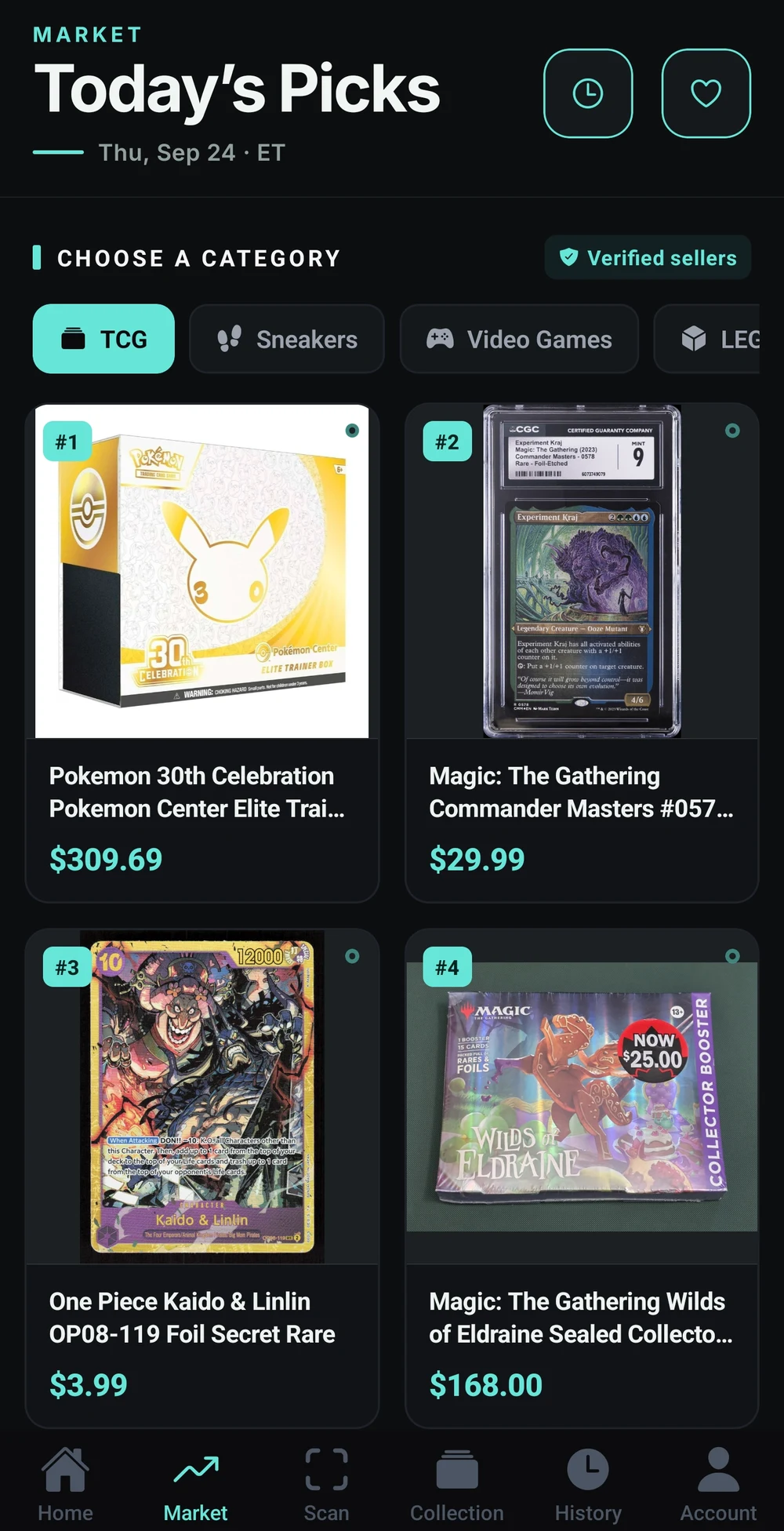 Hylura Today's Picks showing current collectibles and verified sellers