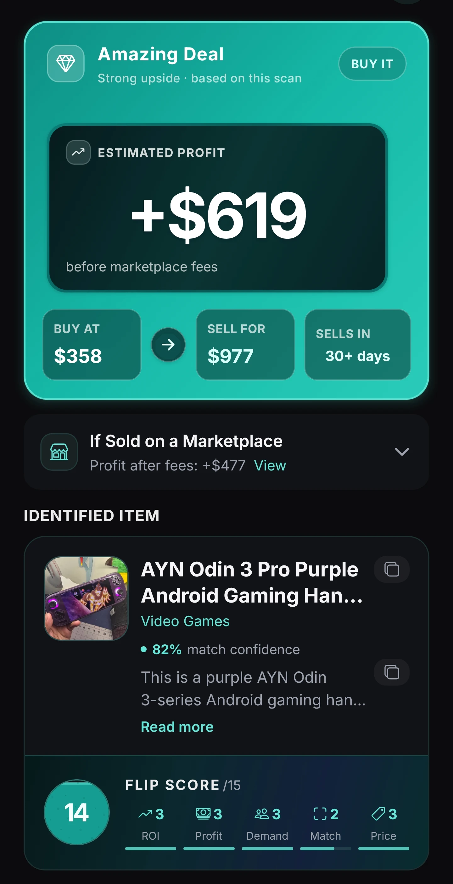 Real Hylura scan result for an AYN Odin handheld showing an Amazing Deal rating and estimated profit